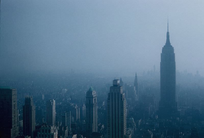 Empire State Building from the top of Rockefeller Center, New York. November 1959