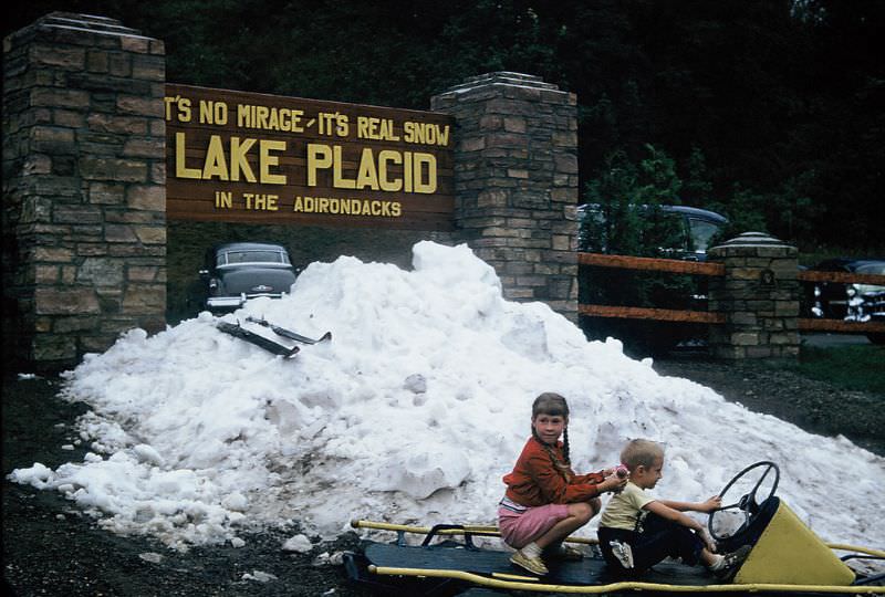 On a toboggan at Lake Placid, New York. November 1955