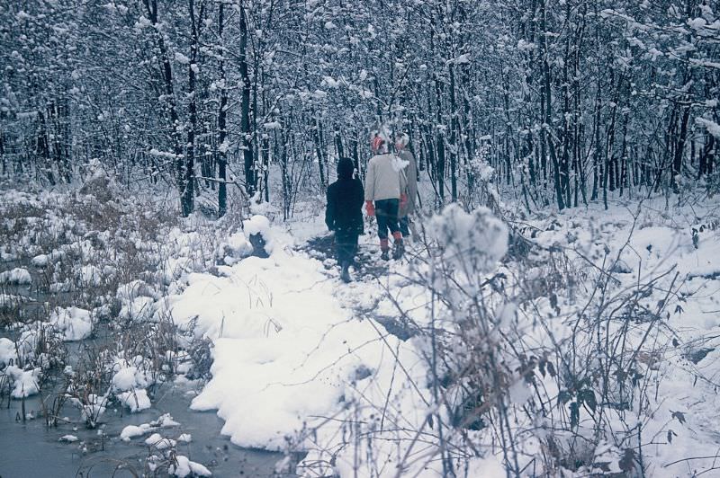Hiking in the snow at Bullhead Pond, Warren, Ohio. December 1959