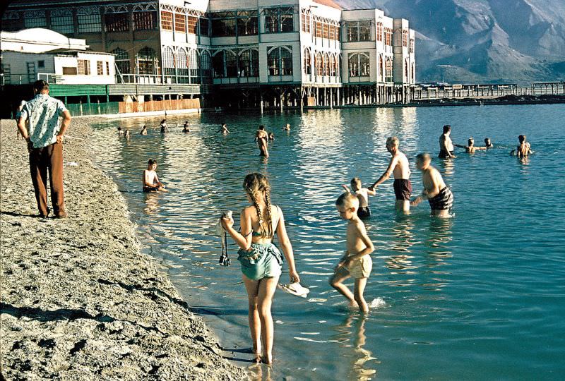 Swimming in the Great Salt Lake at Saltair resort, Utah. July 1956