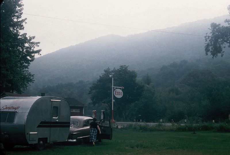Campsite with Esso station at Mount Bromley, Vermont. August 1955