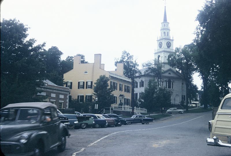 Street scene with church, Middlebury, Vermont. August 1955