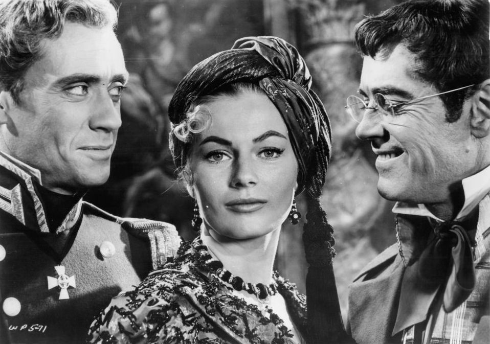 Anita Ekberg with Henry Fonda and Mel Ferrer in a scene from the film 'War And Peace', 1955.