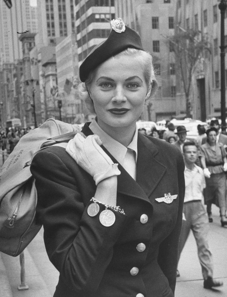 Anita Ekberg wearing a hostess hat for Scandinavian Airlines, 1951.