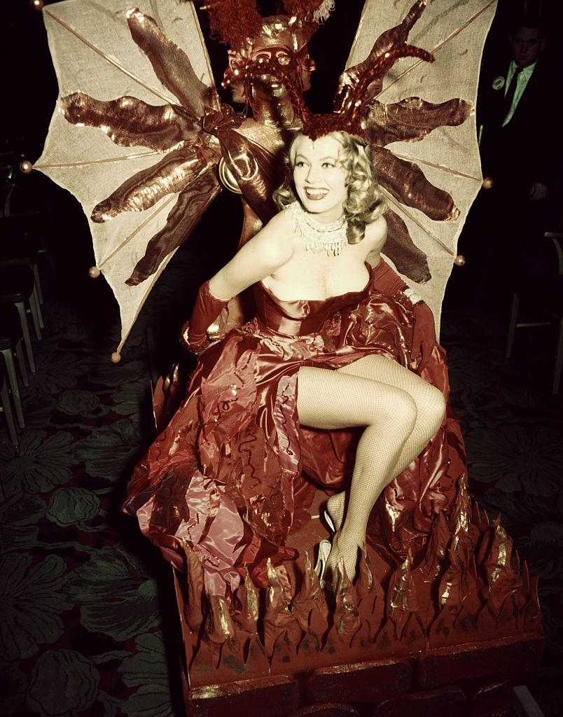 Anita Ekberg in pink costume at Hotel Commodore, 1956.