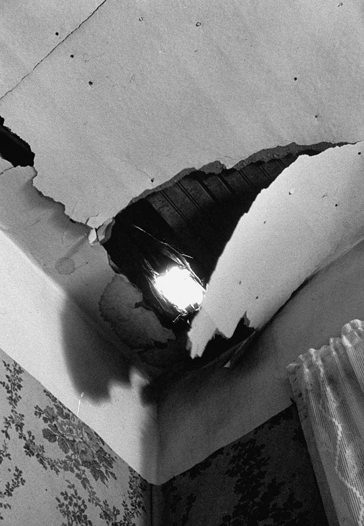 A hole in the ceiling of the rental home where Ann Elizabeth Hodges and her husband lived, through which she was struck by a falling meteorite.