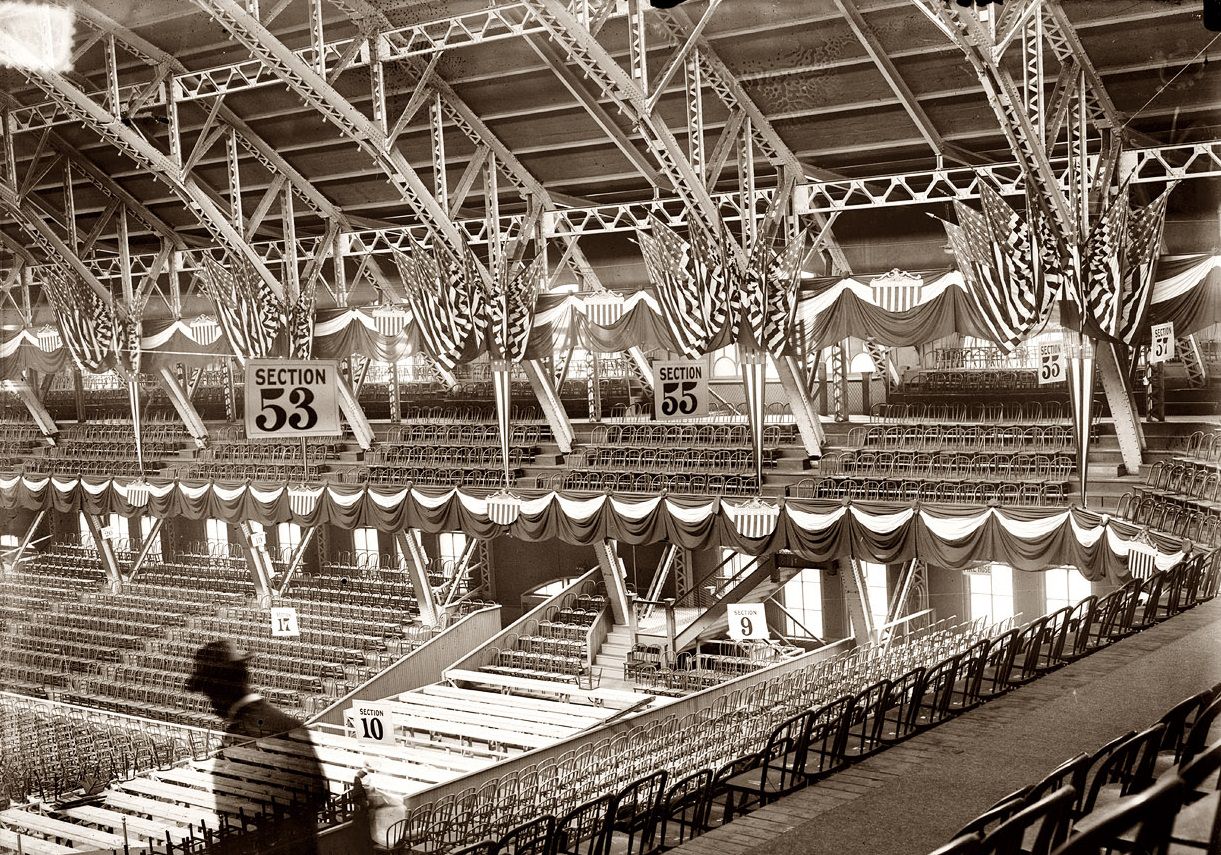 Grandstands at the Chicago Coliseum awaiting delegates to the Republican National Convention in June 1916.