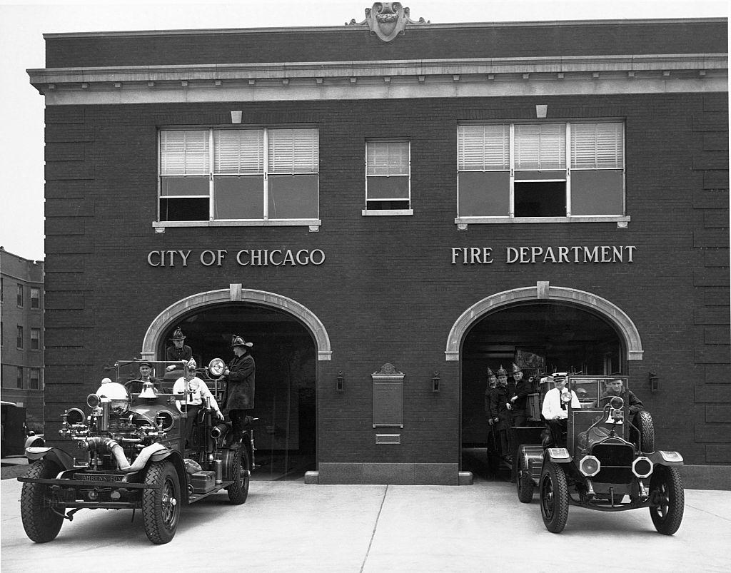 Fire Engines at New Fire Station Chicago, 1917.