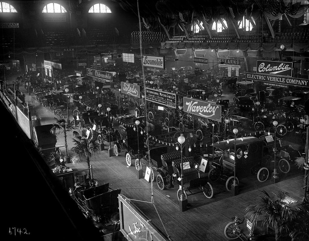 A view of the floor at the Chicago Automobile Show, 1910s.