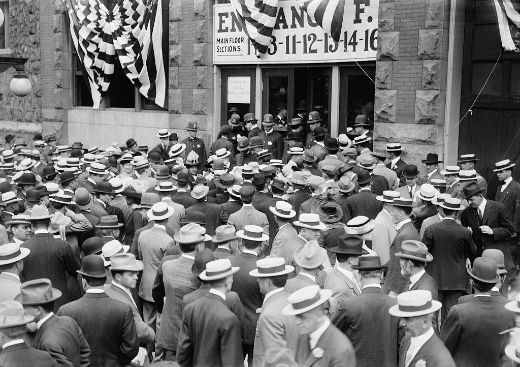 Crowd Standing at Entrance to Coliseum during Republican National Convention. Chicago, June 1912.