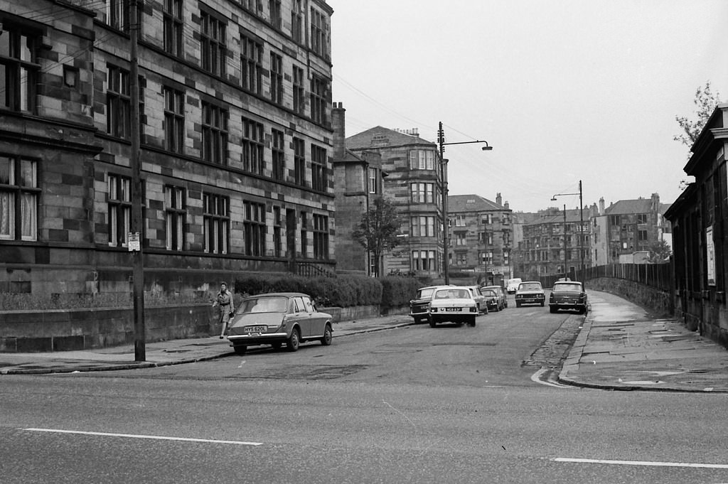 Looking northwards along Alexandra Park Street, from Alexandra Parade, past Ballindalloch Drive on the left towards Roebank Street with Staffa Street on the right of frame.