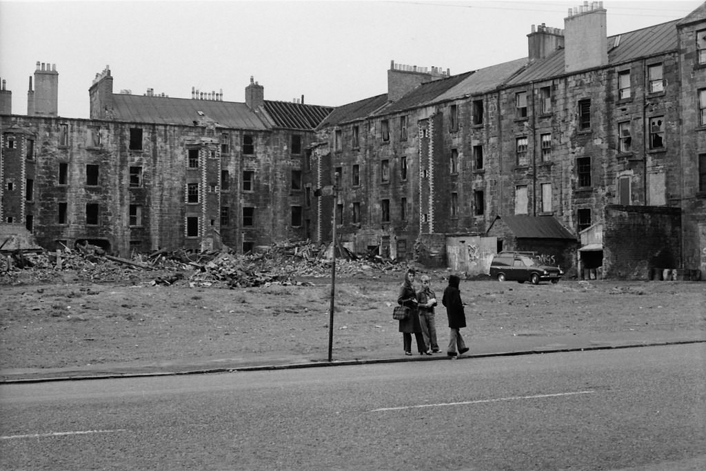 Crumbling Dennistoun tenements awaiting the steel ball and a new life as motorway rubble.