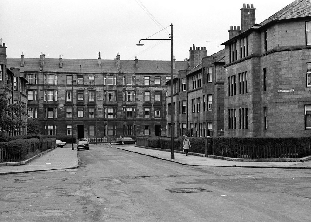 Looking northwards down Meadowpark Street at Ballindalloch Drive with Roebank Street at the end.