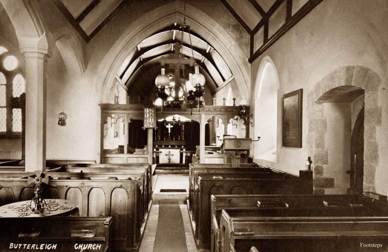 Butterleigh church interior, Devon, circa 1910s