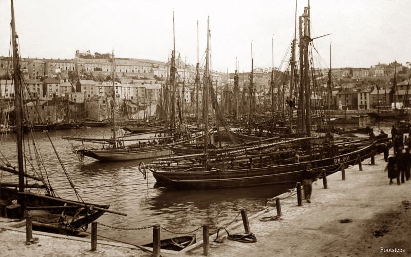 Fishing boats in the harbour at Brixham, Devon, circa 1910s