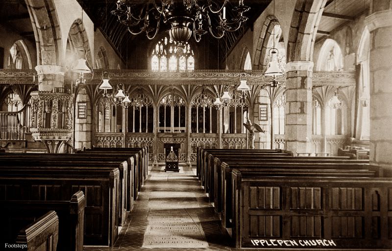 Ipplepen church interior, Devon, circa 1910