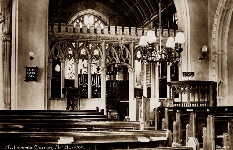 Awliscombe church interior, Devon, circa 1910s