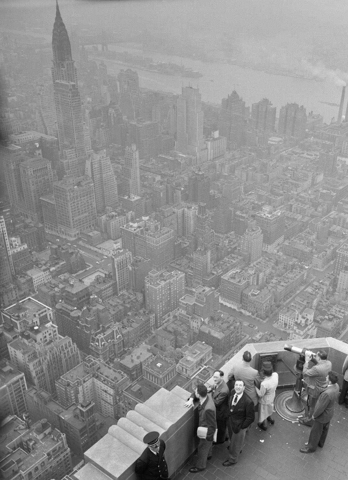 Aerial view of New York City atop the Empire State Building.1930s