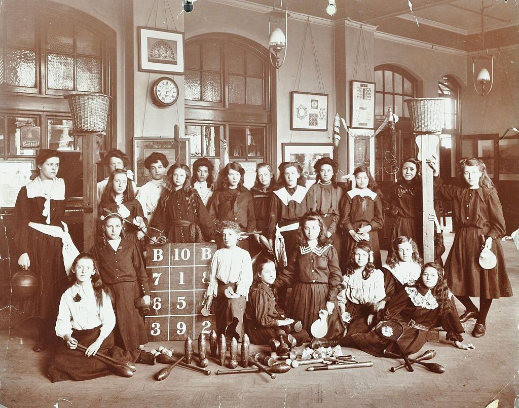Girls sports club members, Cromer Street School/Argyle School, St Pancras, London, 1906.