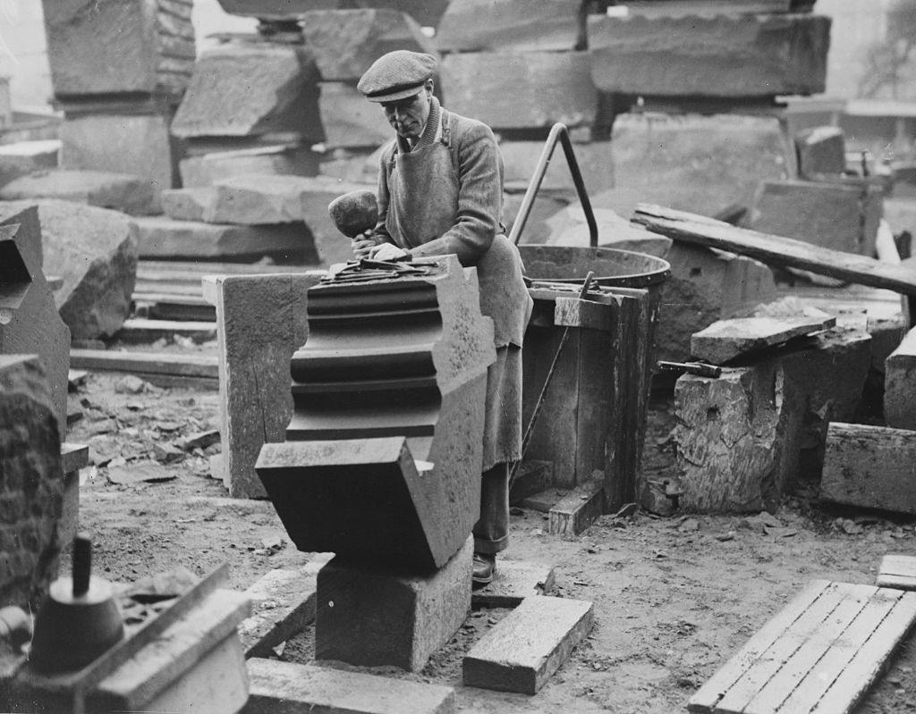 A stonemason working on a detail of the Anglican Cathedral, Liverpool.