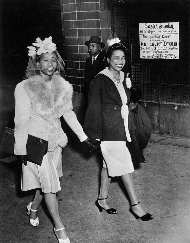 Two women leaving the Abyssinian Baptist Church in Harlem on Easter Sunday, 1943.