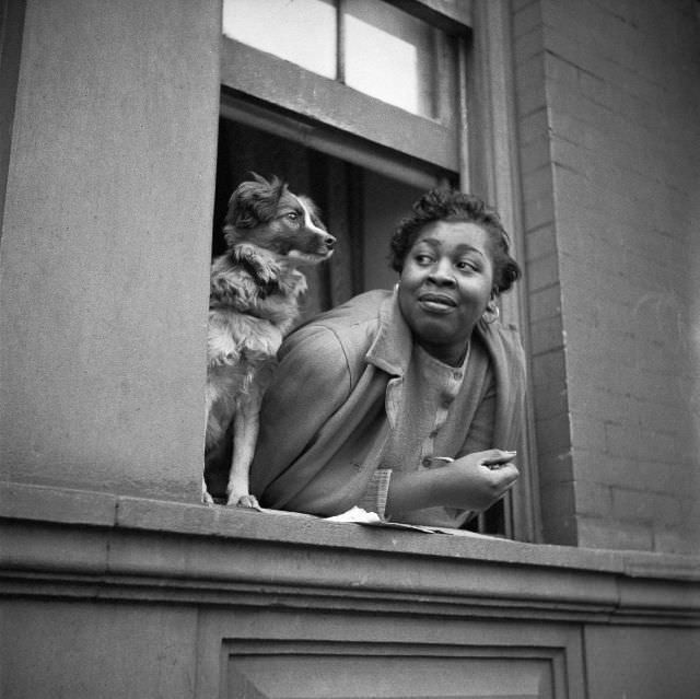 A woman and her dog look out from their open window, 1943.