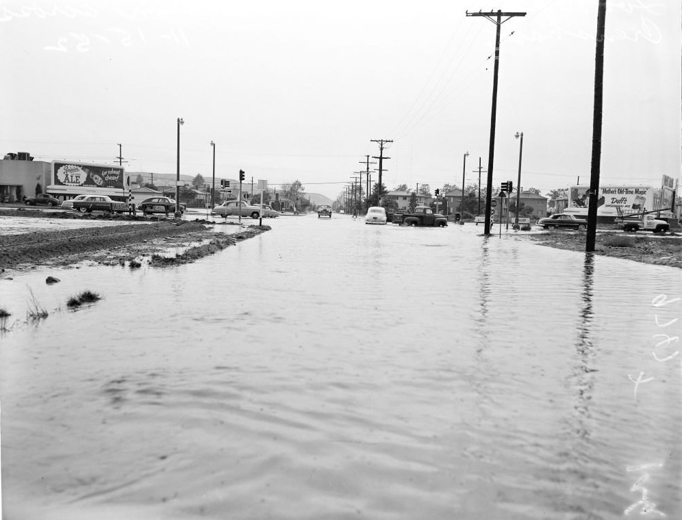 A flooded road in Van Nuys, 1952.