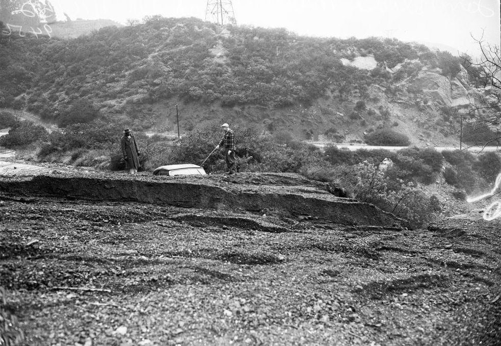 Landslide at Mulholland Drive, Los Angeles. January 1952.