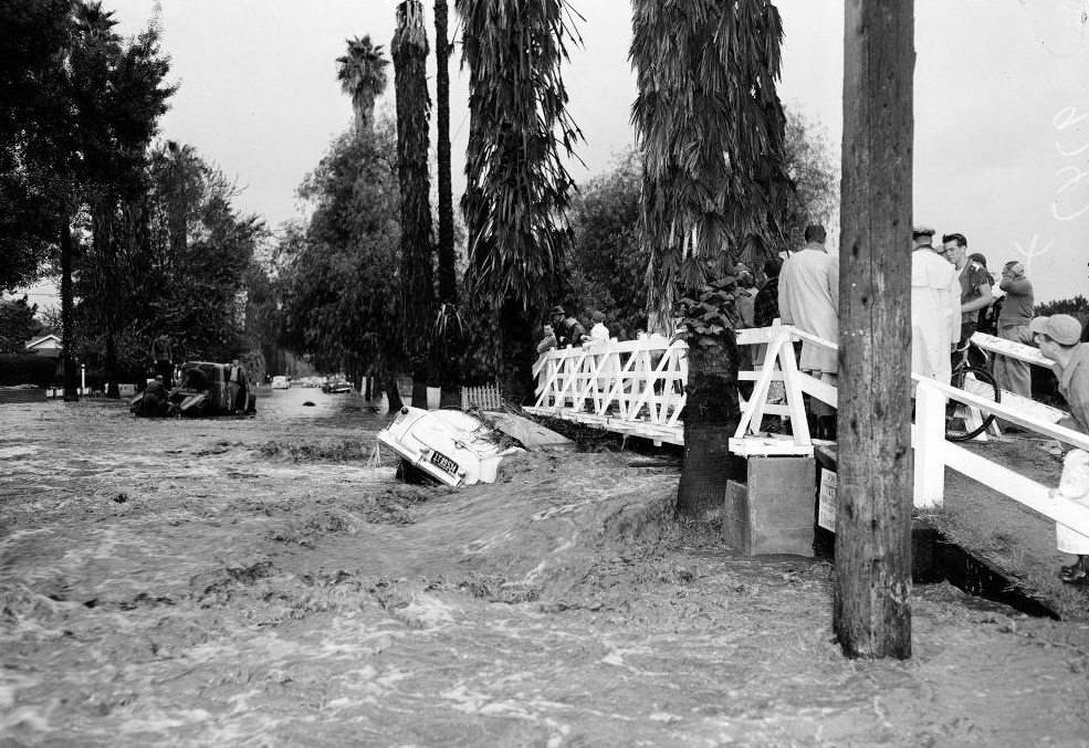 A large number of people on the bridge, water is flowing beneath the bridge. 15 November 1952.