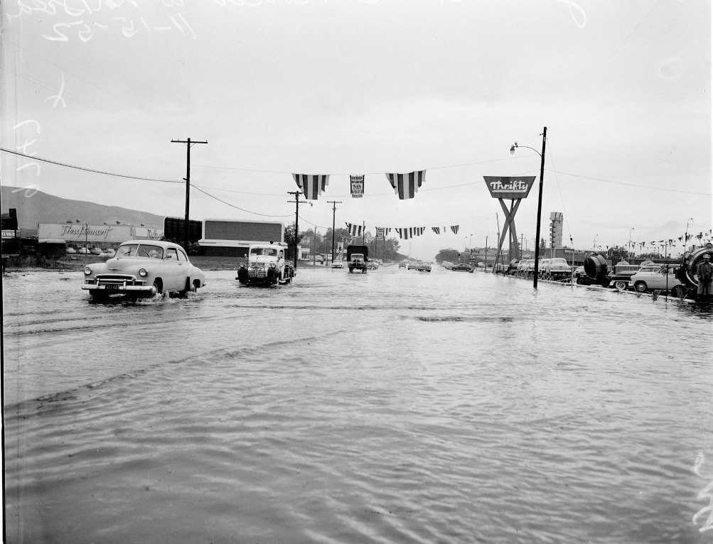 A flooded road in Van Nuys, 1952.