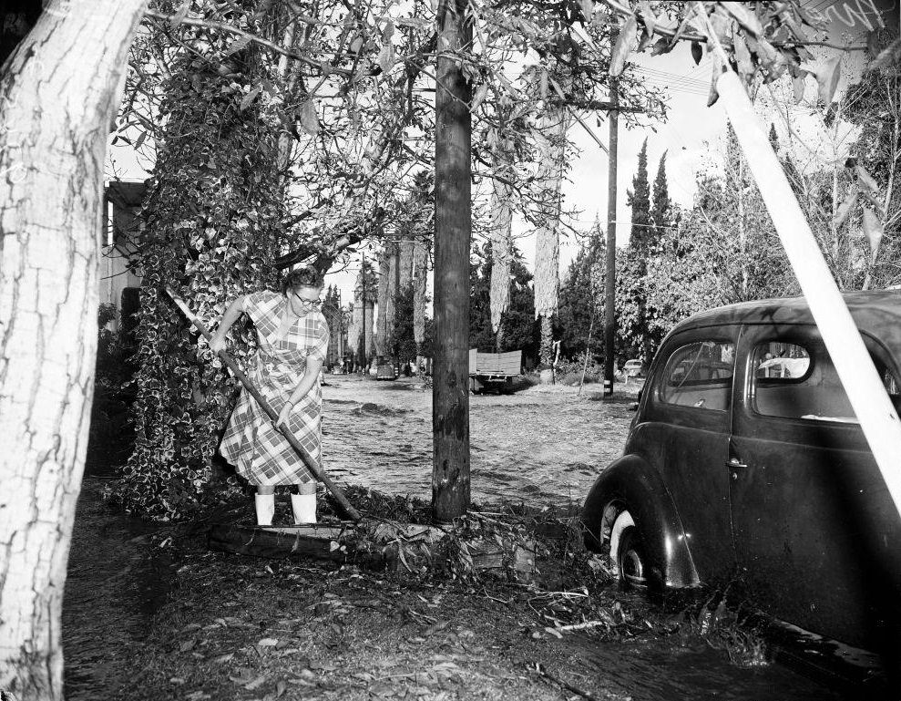 Mrs Agnes Snyder removes debris from car on flooded street, Tyrone Ave. 14 November 1952