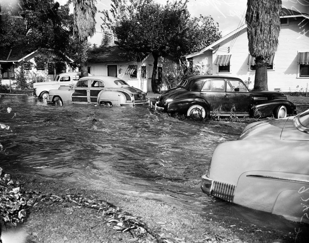Flooded Tyrone Ave, Los Angeles. 14 November 1952.