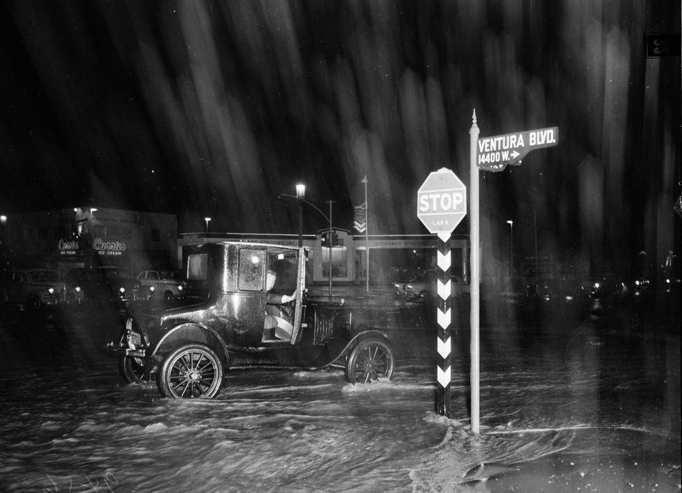 Model T Ford at intersection of Van Nuys and Ventura Blvd. 15 January 1952.