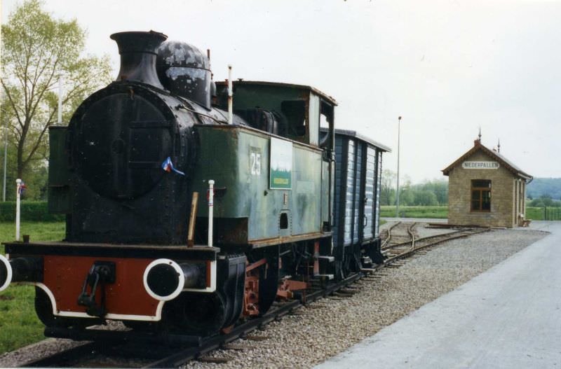 Preserved narrow gauge steam engine, De Jhangeli, Niederpallen, Luxembourg. May 1995