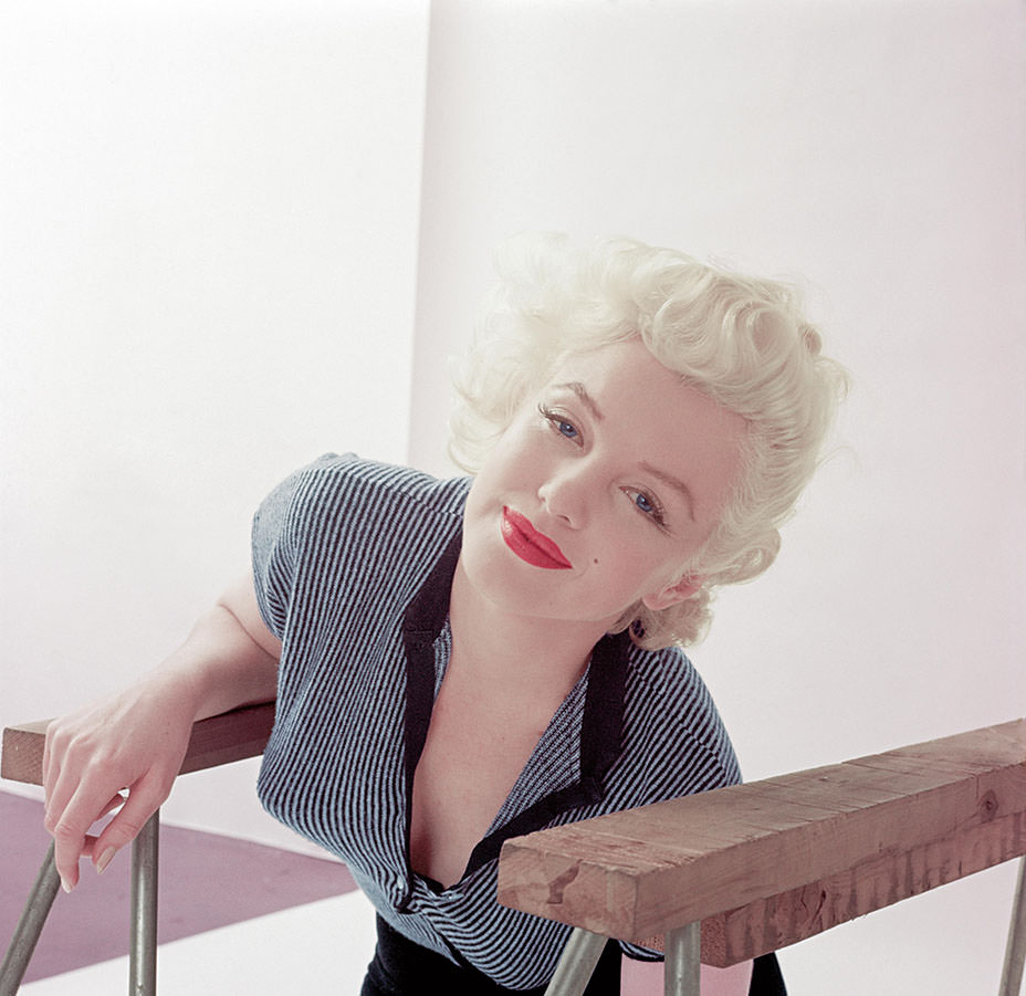 Milton Greene took this image in his daylight studio, a converted barn at his home in Weston, Connecticut, December 1955.