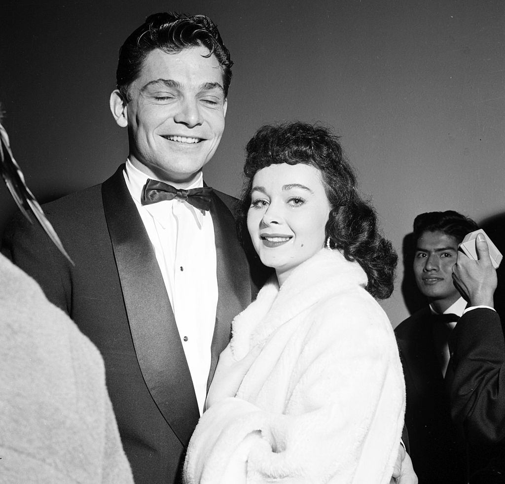 Marla English with Larry Pennell at the premier of "Helen of Troy" in Los Angeles, 1956.