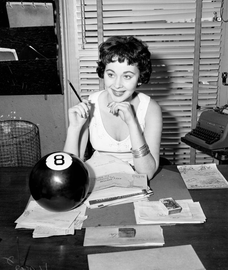 Marla English as an examiner (with 8 ball), 1954.