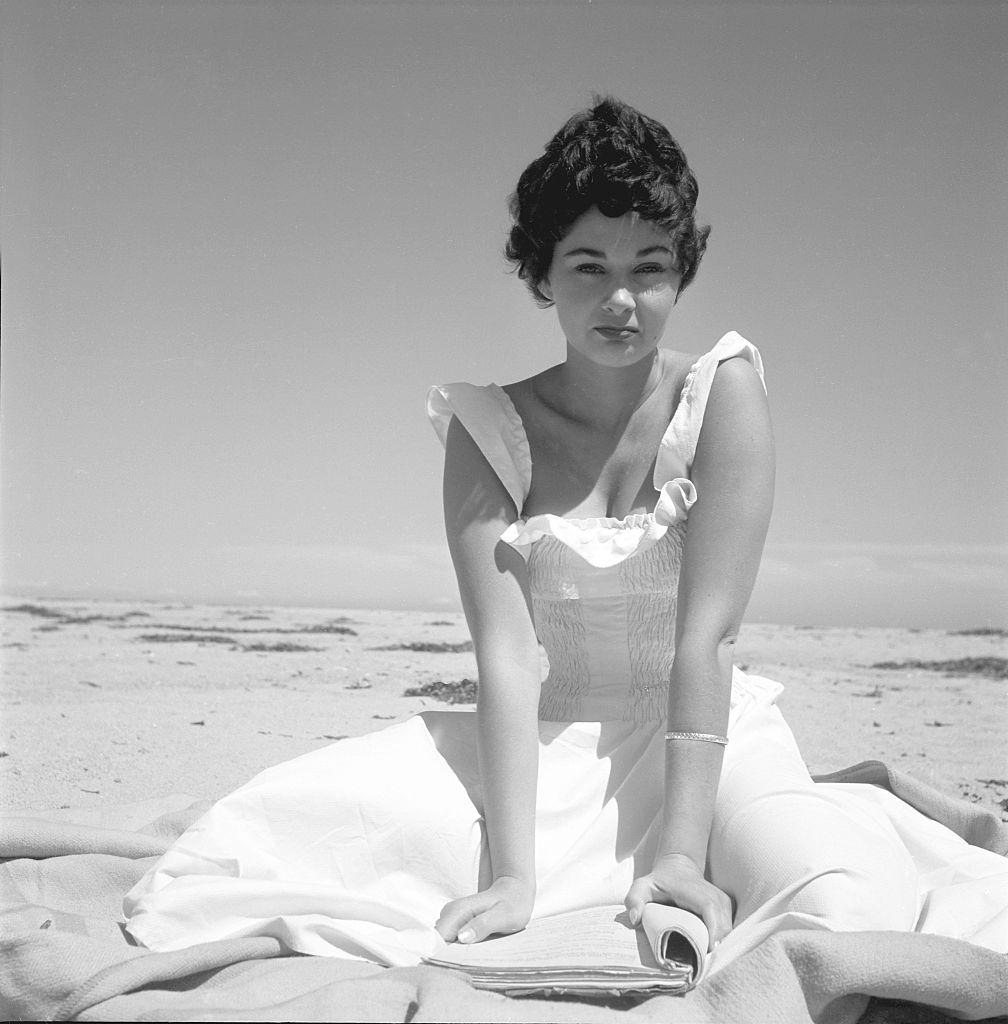 Marla English in a white dress, 1954.
