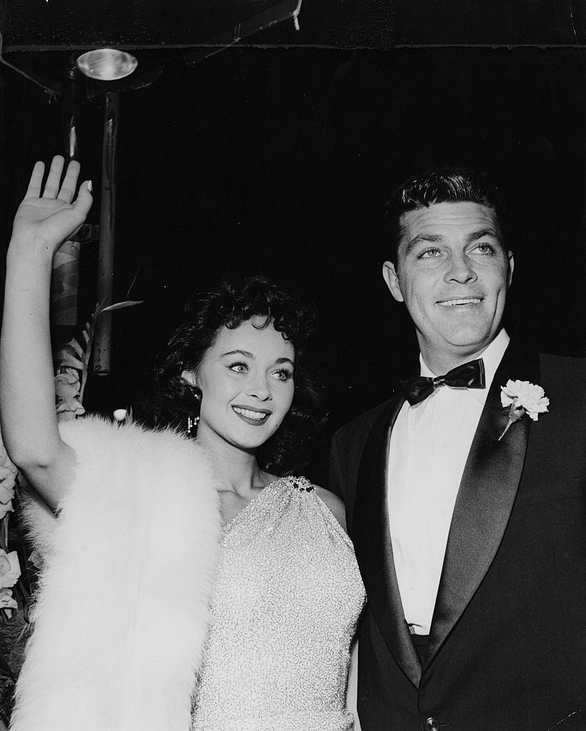 Marla English with Dale Robertson at a black tie event in Hollywood, 1955.