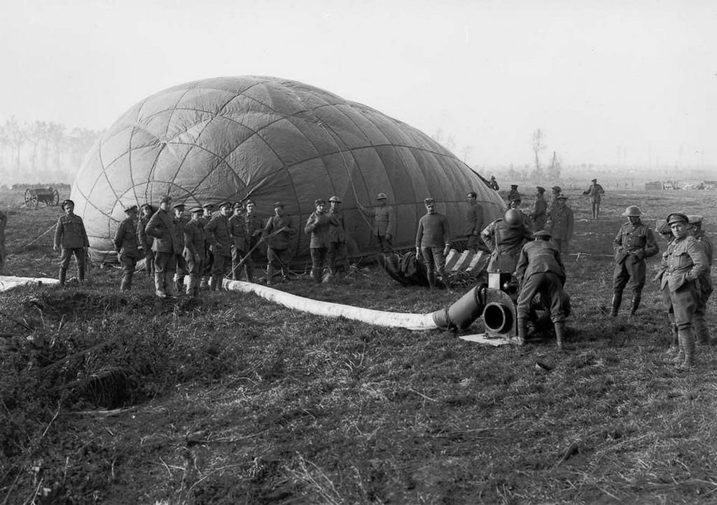 An observation balloon is inflated near Ypres, Belgium, 1917.