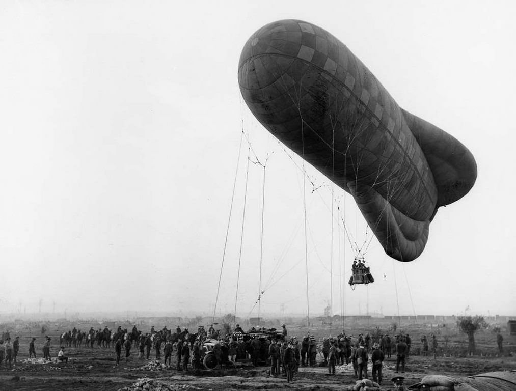An observation balloon is launched near Ypres, Belgium to spot enemy artillery, 1917.