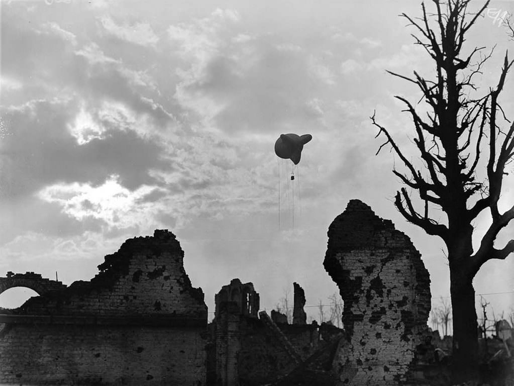 An observation balloon above the ruins of Ypres, Belgium, 1917.