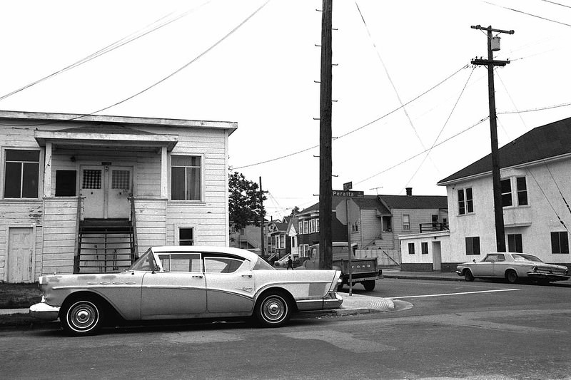 1957 Buick at intersection of 15th Street and Peralta, Oakland, 1979.