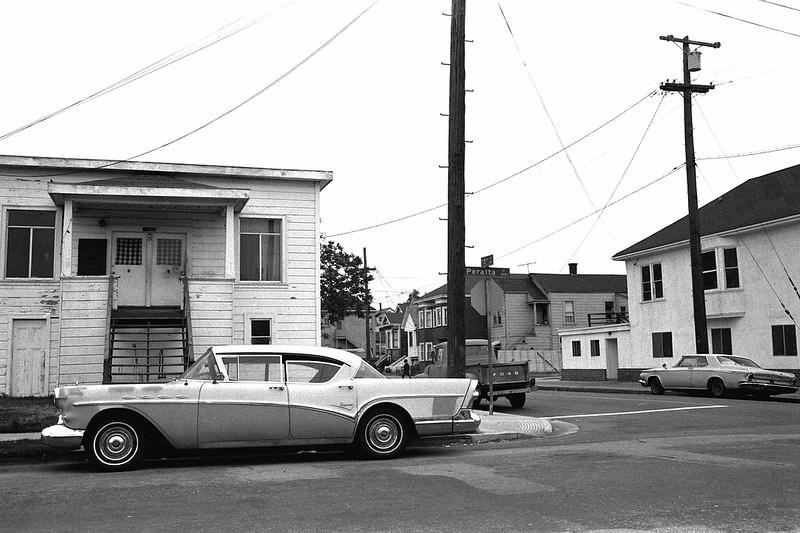 1957 Buick at intersection of 15th Street and Peralta, Oakland, 1979.