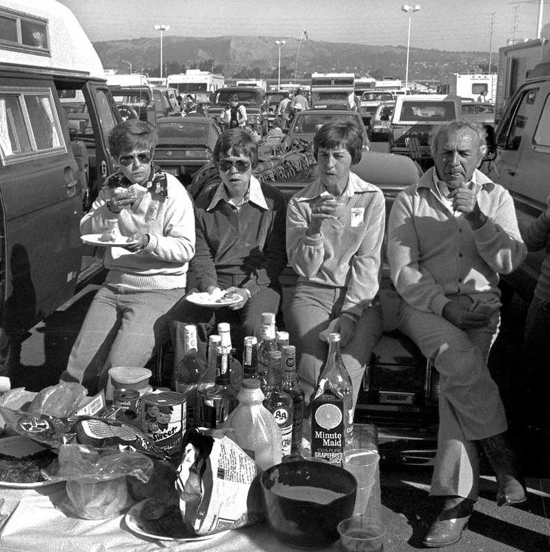 Tailgate banquet before Raiders, Oakland, 1980.