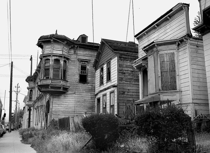 West Oakland, row of houses before demolition, 1975.