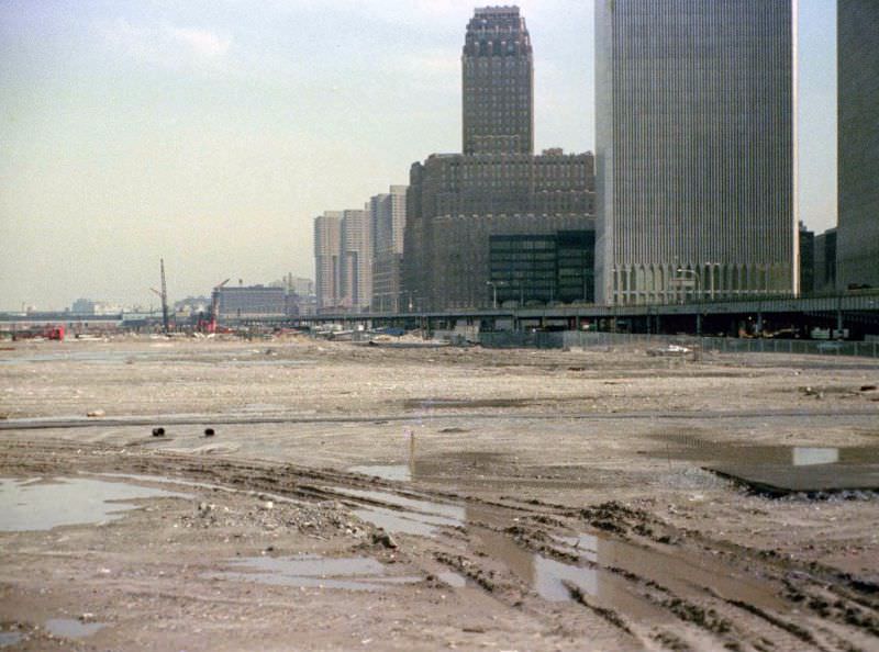 Battery Park City landfill, NY Telephone Company, abandoned West Side Highway and the World Trade Center, 1974