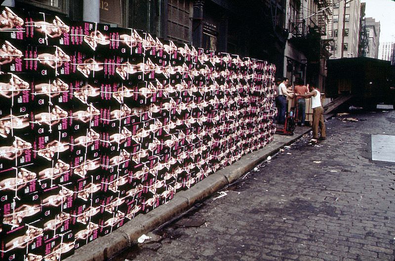 Boxes of Adam and Eve products on Reade Street looking east from West Broadway, New York, July 1974