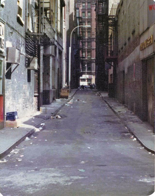 Theatre Alley downtown off Ann Street, the narrowest street in Manhattan, filled with the litter and trash, March 1974