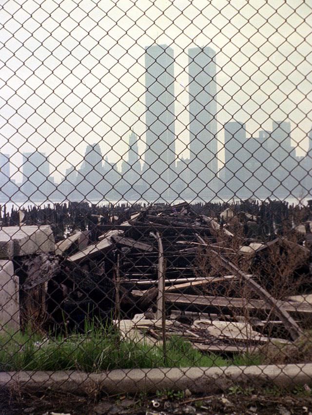 Abandoned piers at Exchange Place in Jersey City and the World Trade Center across the Hudson in Lower Manhattan, April 1975